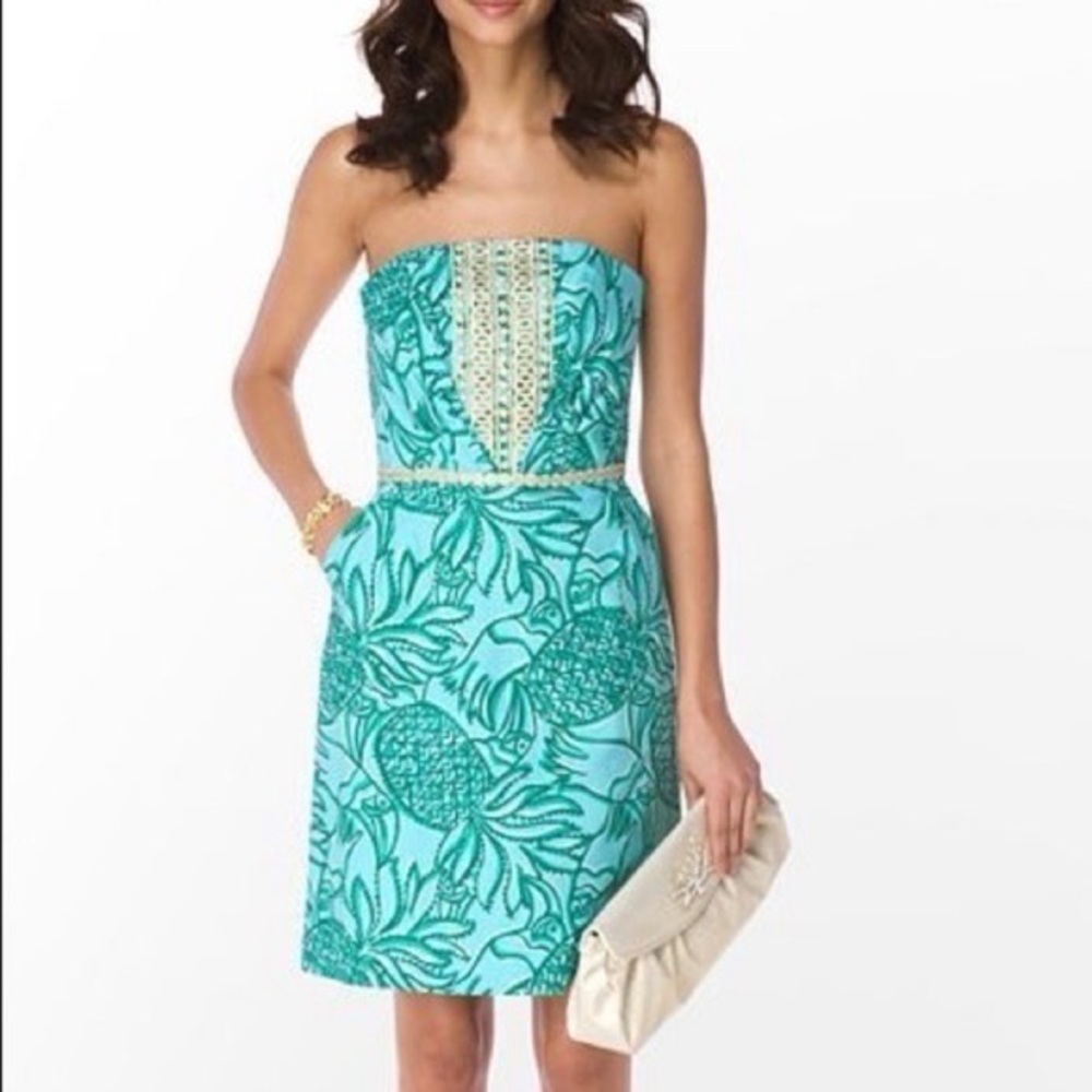 Lilly Pulitzer Strapless Bloomy Dress: Shorely Blue Toucan‎ Tango, White Label